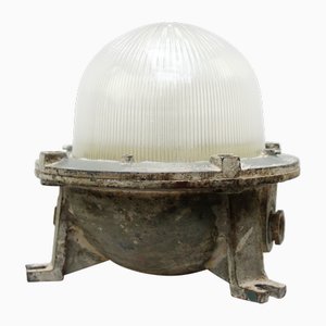 Vintage Industrial French Grey Cast Iron and Clear Cut Glass Floor Table Lamp by Perfeclair, Paris, 1967