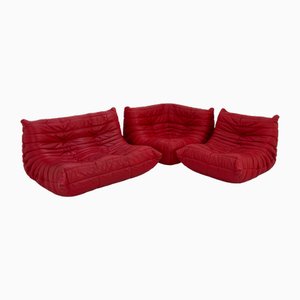 Togo Sofa Set in Red Leather by Michel Ducaroy for Ligne Roset, 1970s, Set of 3