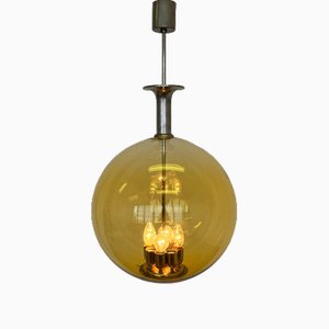 Lampada a sospensione/soffitto sferica in vetro e metallo cromato, anni '30