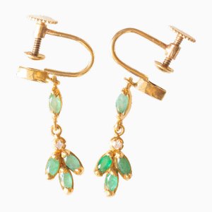 Vintage 14k Yellow Gold Drop Earrings with Emeralds and Diamonds, Set of 2