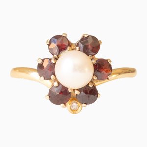 Vintage 18k Yellow Gold Diamond, White Pearl and Garnet Flower Ring, 1970s