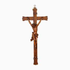 Cruz de altar francesa antigua de nogal patinado, siglo XIX