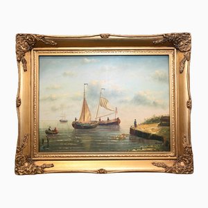 Artista inglés, Escena marítima de Norfolk, pintura al óleo, enmarcado