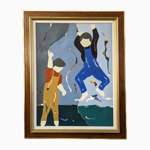 Kids at Play, 1950s, Oil Painting, Framed