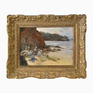 Mujeres en la playa, siglo XIX, pintura al óleo, enmarcado