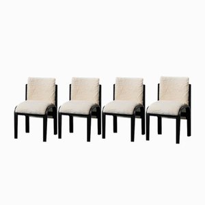 Vintage Chairs in Wood and White Long-Pile Velvet, 1970s, Set of 4