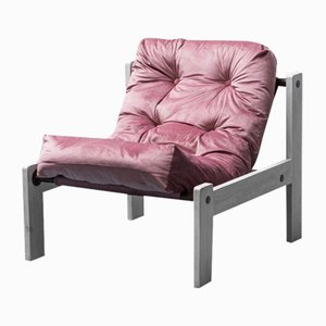Armchair in White Wood and Pink Velvet, 1970s