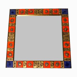 Vintage Square Mirror in Gilded Brass and Enameled Ceramic, 1950s