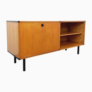Vintage Modernist Sideboard in Light Wood and Black Metal by Guariche Mortier Motte, 1960s