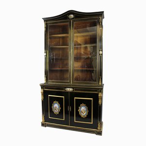 French Brass Inlaid Ebonized Bookcase with Sevres Plaques, 1820s