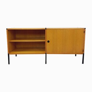 Vintage Modernist Sideboard in Light Wood and Black Metal by Guariche Mortier Motte, 1960s