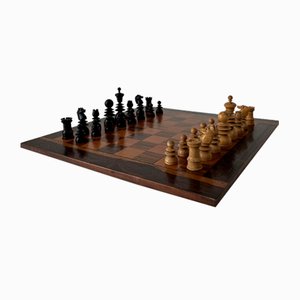Chess Set with Hand Turned Pieces and Inlaid Games Board, Britain, 1950s, Set of 33