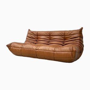 French Togo Sofa in Dark Cognac Leather by Michel Ducaroy for Ligne Roset, 1970s
