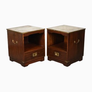 Vintage Military Campaign Bedside Tables Nightstands in Brown Leather Top, Set of 2