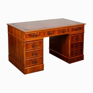Vintage Yew Twin Pedestal Desk with Burgundy Leather Top