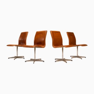 Oxford Swivel Chairs in Brown Leather by Arne Jacobsen, Denmark, 1965, Set of 4