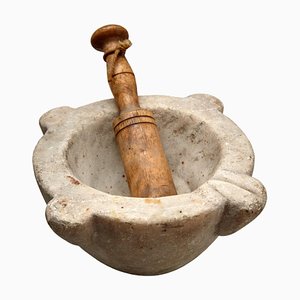 Mortaio spagnolo vintage in pietra e legno