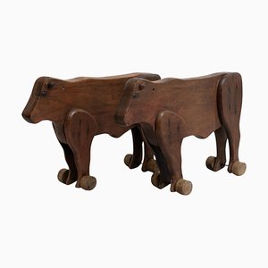 Early 20th Century Rustic Traditional Wood Cow Sculptures, Set of 2
