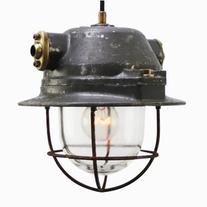Vintage Industrial Pendant Lamps in Gray Metal, Brass and Clear Glass from EMD, France