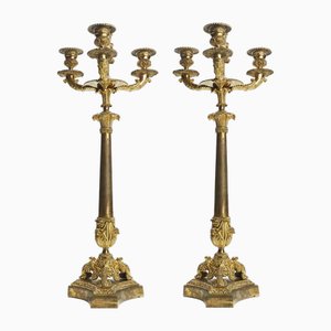Empire Three-Flame Candleholders in Gilded Bronze, 1800s, Set of 2