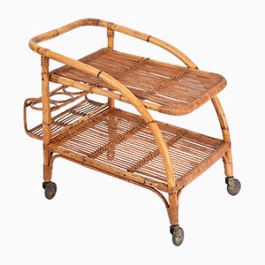 Midcentury French Riviera Rattan and Wicker Serving Bar Cart Trolley, 1960