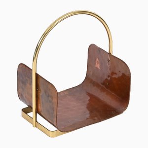 Midcentury Italian Magazine Rack in Hammered Copper and Brass, 1970s