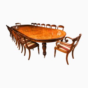 Vintage 20th Century Marquetry Burr Walnut Extending Dining Table & 16 Chairs, 1980s, Set of 17