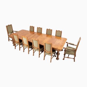 Victorian Oak Dining Table and Chairs, 1880s, Set of 11