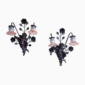 Baroque Wall Sconces with Cherub Angels and Pink Lamp Shades, Set of 2