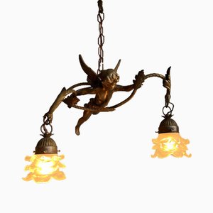 Vintage French Big Bronze Angel Pendant Lamp with Frosted Glass Lampshade