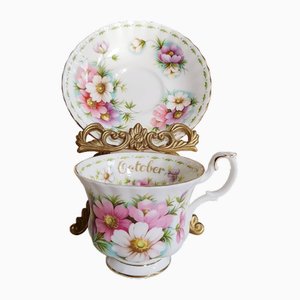 Taza de té y platillo Cosmos de octubre de la serie Flor del mes vintage de Royal Albert, Inglaterra