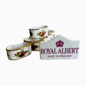 Vintage Bone China Country Roses Napkin Rings and Linen Napkin Set from Royal Albert, Set of 6