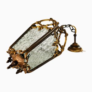 Vintage Brass Lantern with Etched Glass Panels