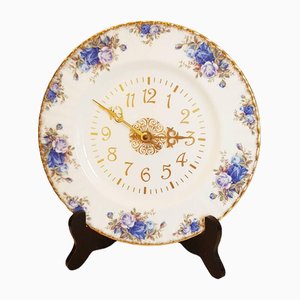 Moonlight Rose Wall Clock with Quartz and Bone China Porcelain from Royal Albert, England, 1987