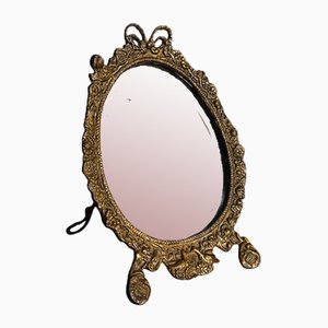 Specchio vintage smussato in cristallo, Francia con cavalletto e cornice in bronzo