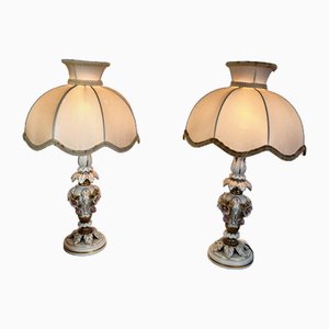 Capodimonte Porcelain Table Lamps with Small Pink Roses, Set of 2