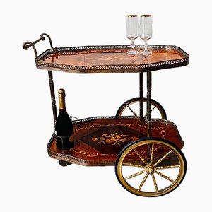 Vintage Hollywood Regency Italian Marquetry Inlaid 3 Wheels Trolley