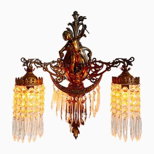 French Cherub Wall Sconce with 2 Arms and Crystals Lampshade
