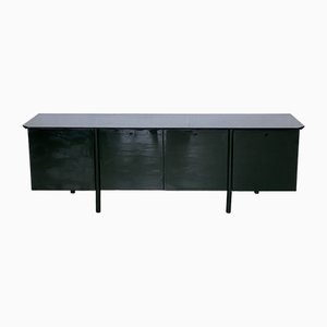 Green Lacquered Wood Sideboard with Metal Feet Frame & Smoked Glass Top, 1970s