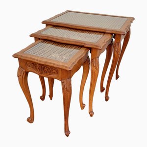 Louis XV Style Carved Wood Nesting Tables with Cane Tops, France, 1950s, Set of 3