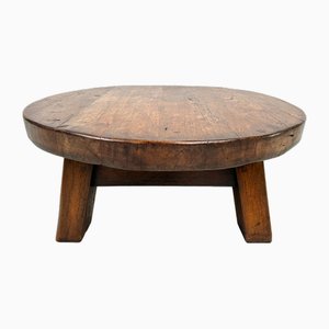 Antique French Brutalist Round Oak Coffee Table, 1920s