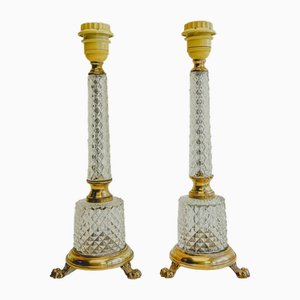 Cut Glass Crystal & Brass Table Lamps on Claw Feet, France, 1950s, Set of 2