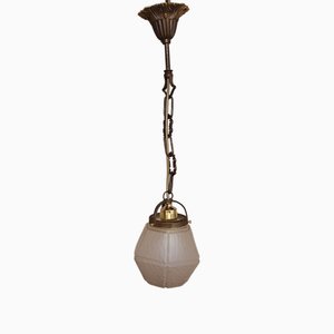 Antique Ceiling Lamp with Glass Shade on Brass Mount, 1890s
