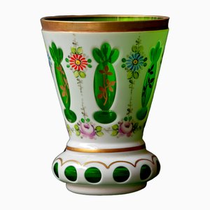 Biedermeier White Overlaid Clear Yellow Glass, Glass with Gold and Flower Motifs Painted Enamel, Deep Cut Lenses and Gold Green Vase, 1890s