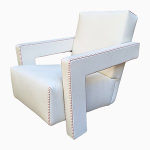 Vintage Armchair in White Leather and Red Stitching by Gerrit Rietveld for Cassina, 2010s