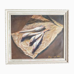 Shigi, Bodegón de pescado del mercado, años 90, óleo sobre lienzo, Enmarcado