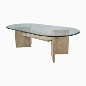 Italian Coffee Table in Travertine and Facet Cut Glass, 1980s