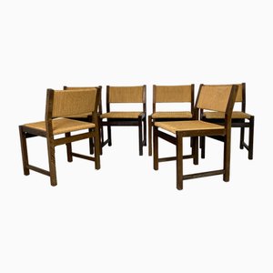 Mid-Century Rustic Modernist Wood and Paper Cord Chairs, 1970s, Set of 6