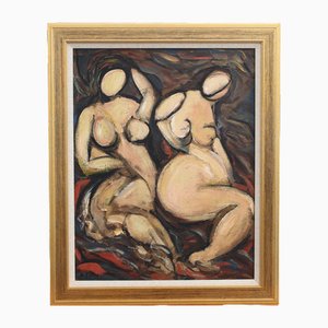 German School Artist, Feminine Forms: Harmony in Curves, 1980s, Oil on Board, Framed