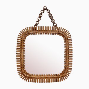 Mid-Century Italian Rattan Mirror with Hanging Chain, 1960s